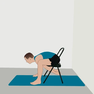 Illustration of a squat supported by a chair, for Back Care Foundations.