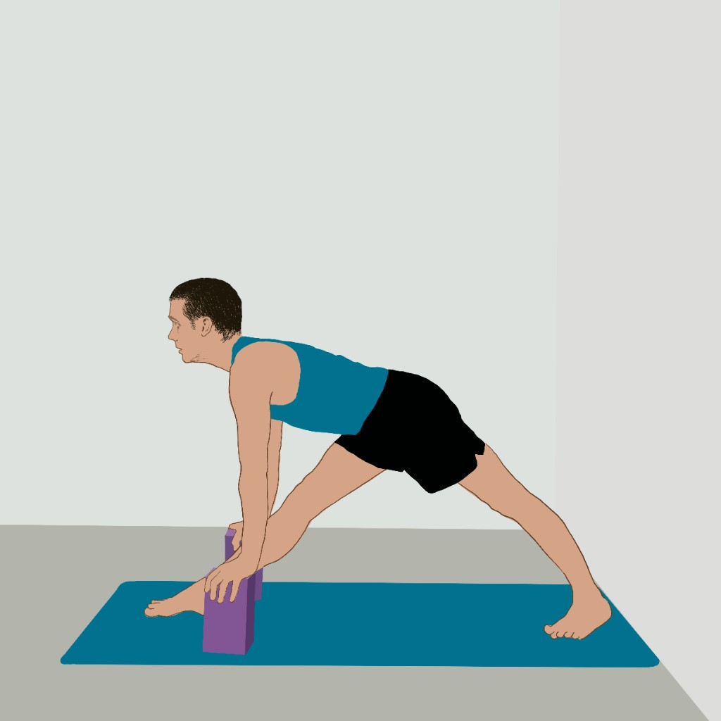 Illustration of Intense Side Stretch Pose with two blocks, for the 30-Class Intermediate Course.