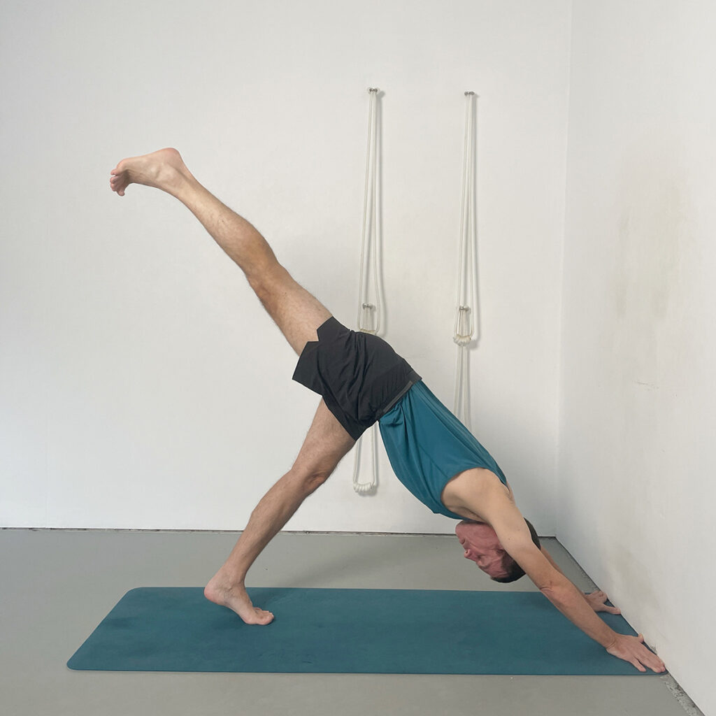 Downward Facing Dog Pose at the Wall (One Leg Raised)