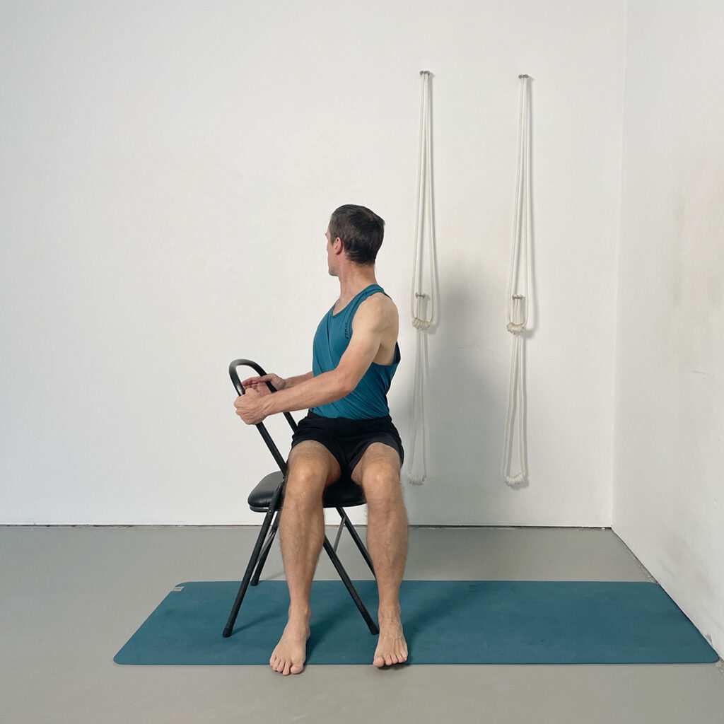 Chair Bharadvajasana (Seated Twist) Iyengar Yoga for Back Care